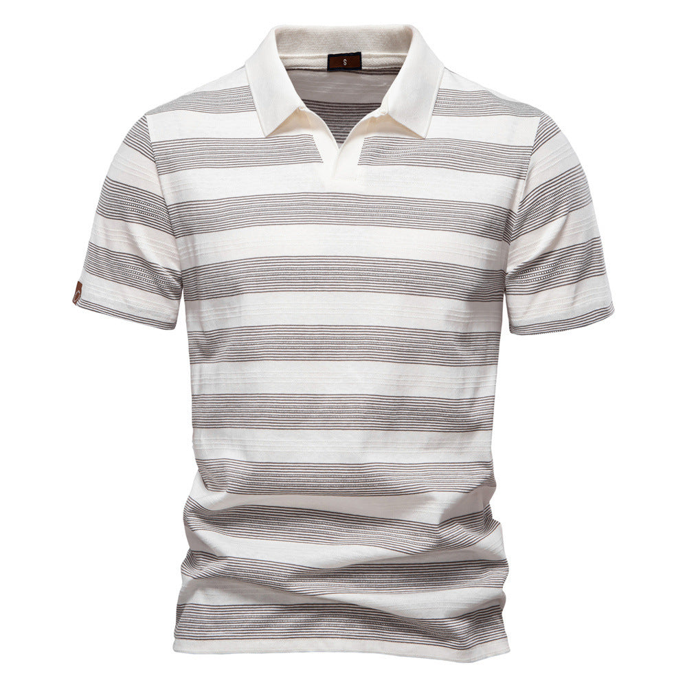 Mens Striped Lapel Polo Shirt | Summer Textured Short Sleeve Tee