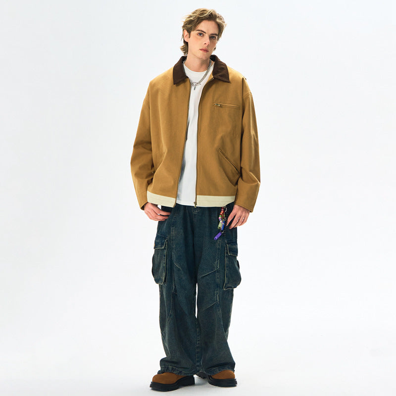 Mens Contrast Color Washed Polo Collar Jacket