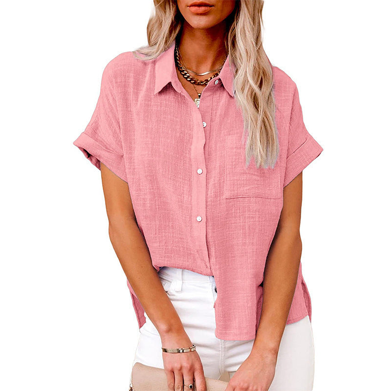 Womens Summer Lapel Short Sleeve Shirt | Solid Color Button Tops - LAKD London