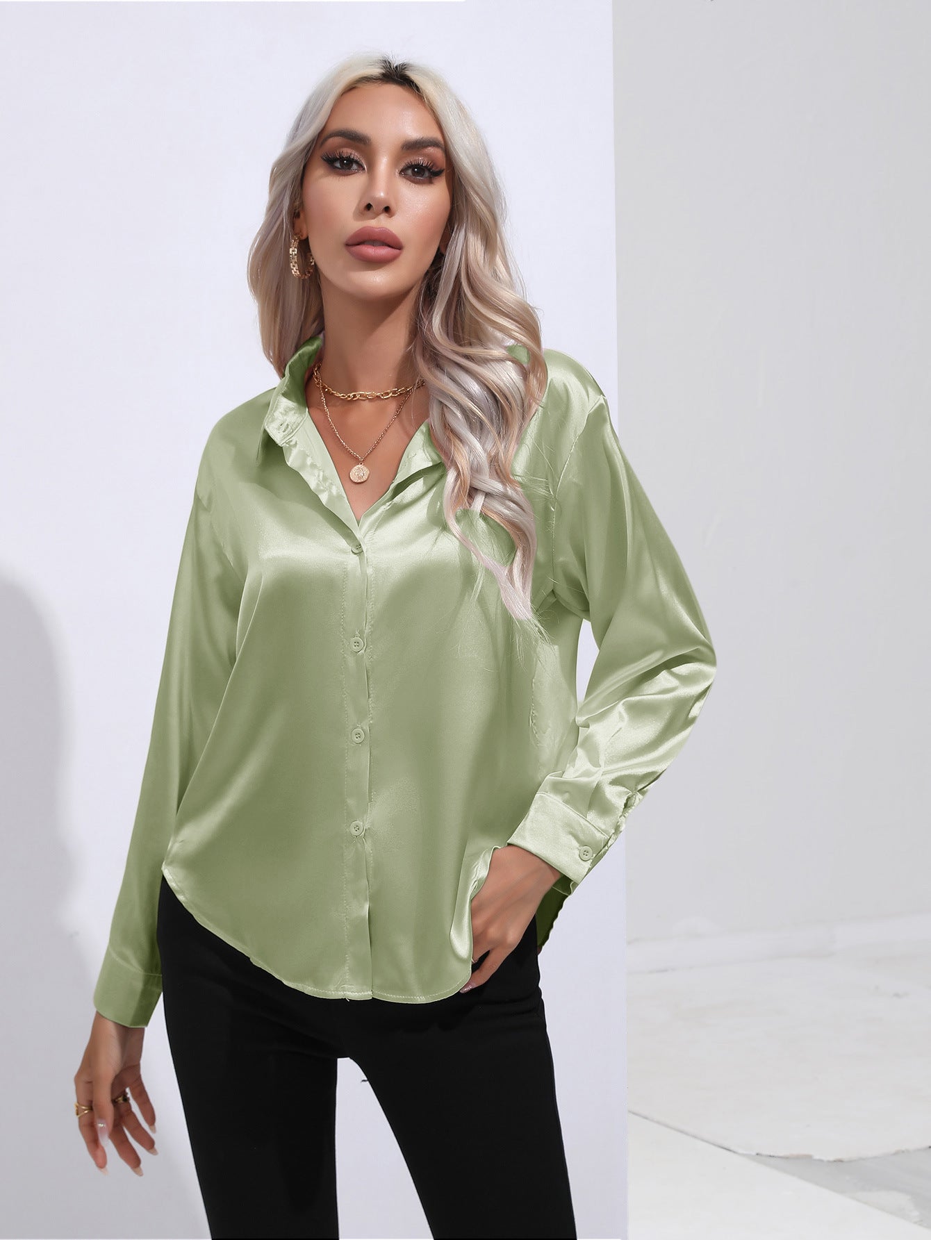 Satin Solid Color Button Front Lapel Shirt by Lakd London