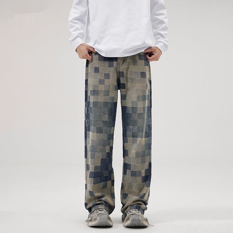Men's Mosaic Chess Plaid Wide-leg Jeans | Comfortable Casual Pant by LAKD London