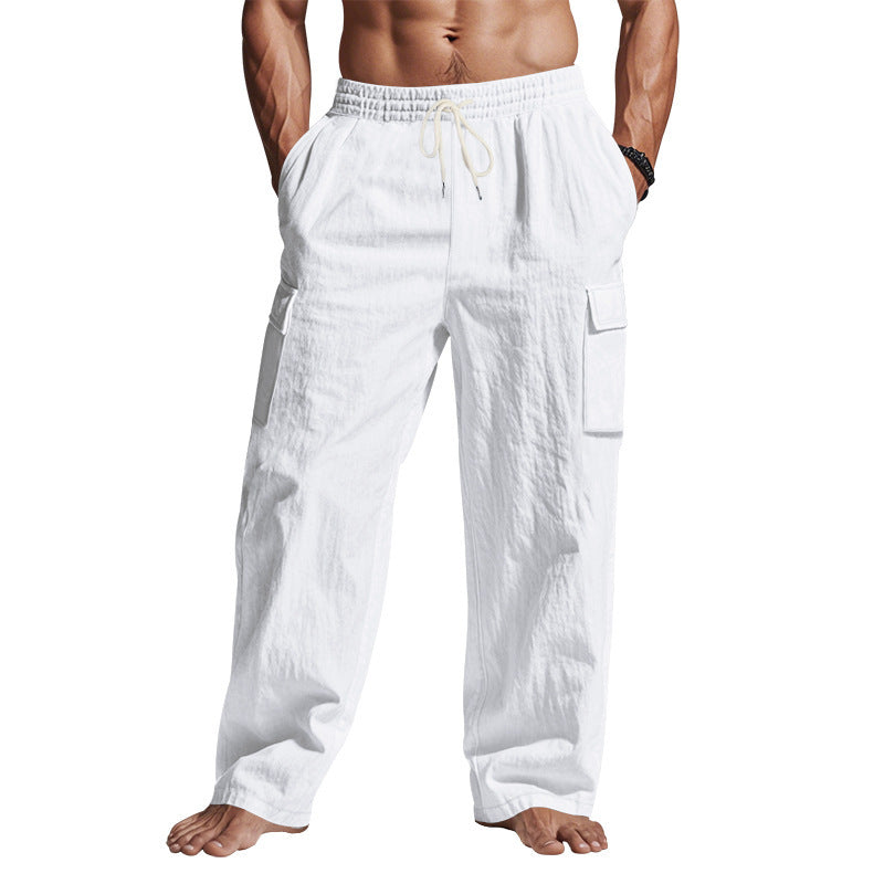Multi-pocket Straight Linen Men's Cargo Trousersby Lakd London