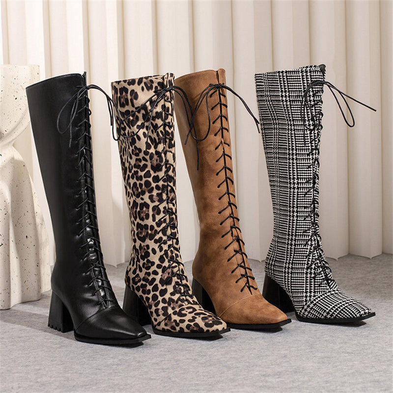 Womens Vintage Print Boots With Pointed Toes And Thick Heels