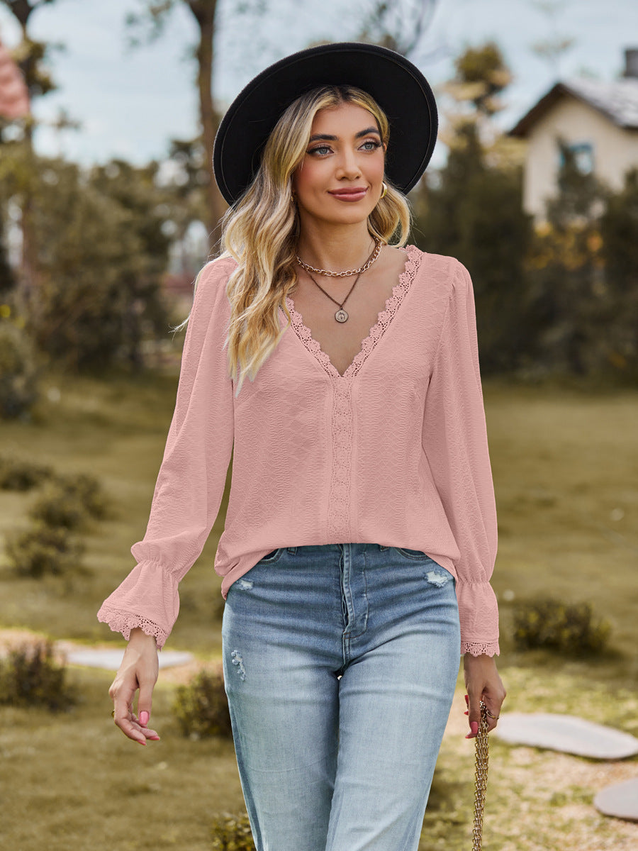 Womens Jacquard Lace V-neck T-shirt Casual Stitching Long Sleeve Top by Lakd London