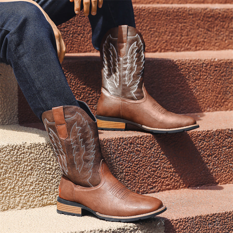 Western Leather Embroidered Denim Boots - Comfortable & Trendy