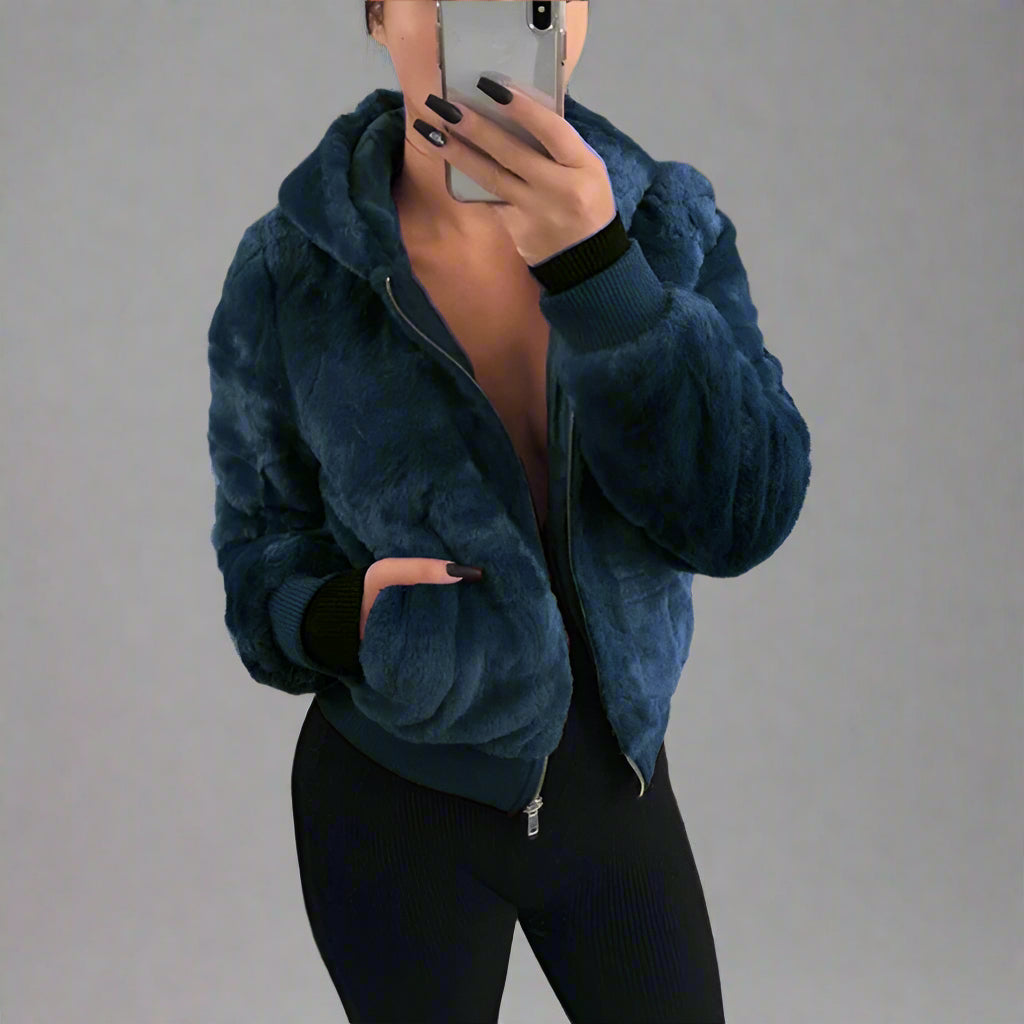 Womens Hooded rabbit faux fur plush coat Bomber Jacket