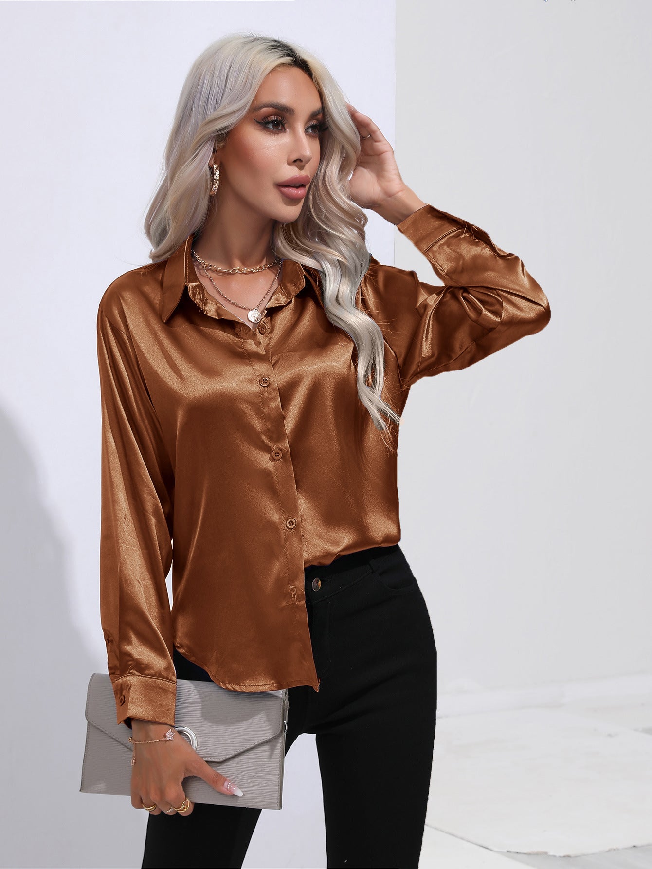 Satin Solid Color Button Front Lapel Shirt by Lakd London