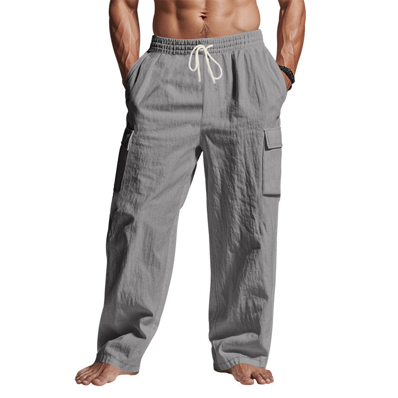 Multi-pocket Straight Linen Men's Cargo Trousersby Lakd London