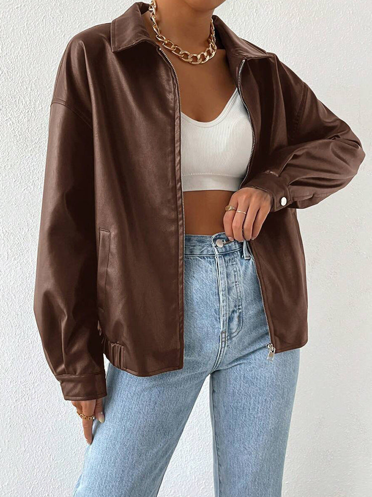 Womens Winter PU Leather Coat | Retro Biker's Long Sleeve Zipper Lapel Jacket