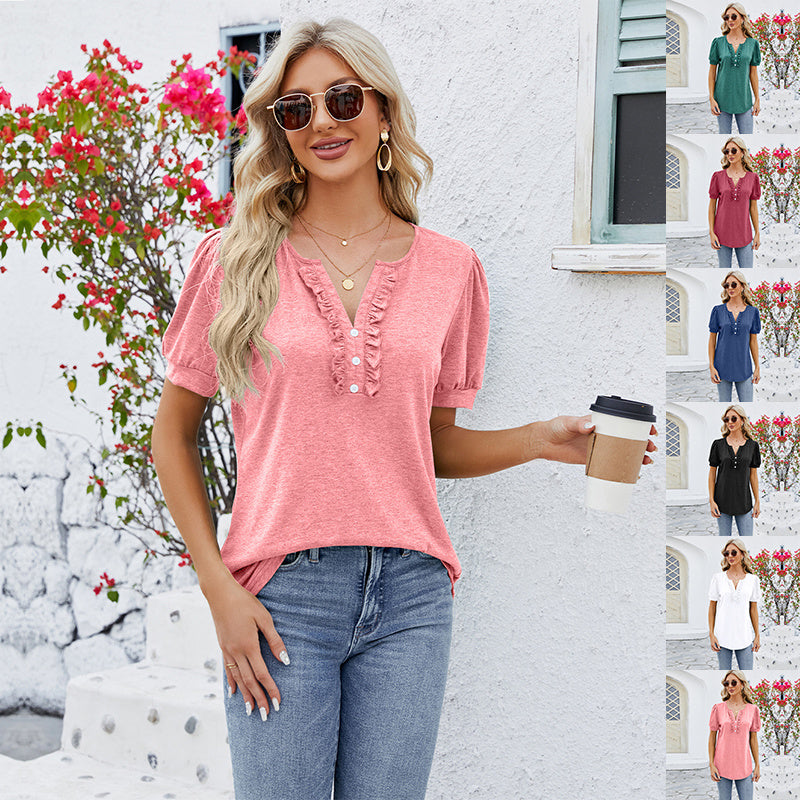 Womens V Neck Summer Shirt | Short Sleeve Loose Fit T-Shirt