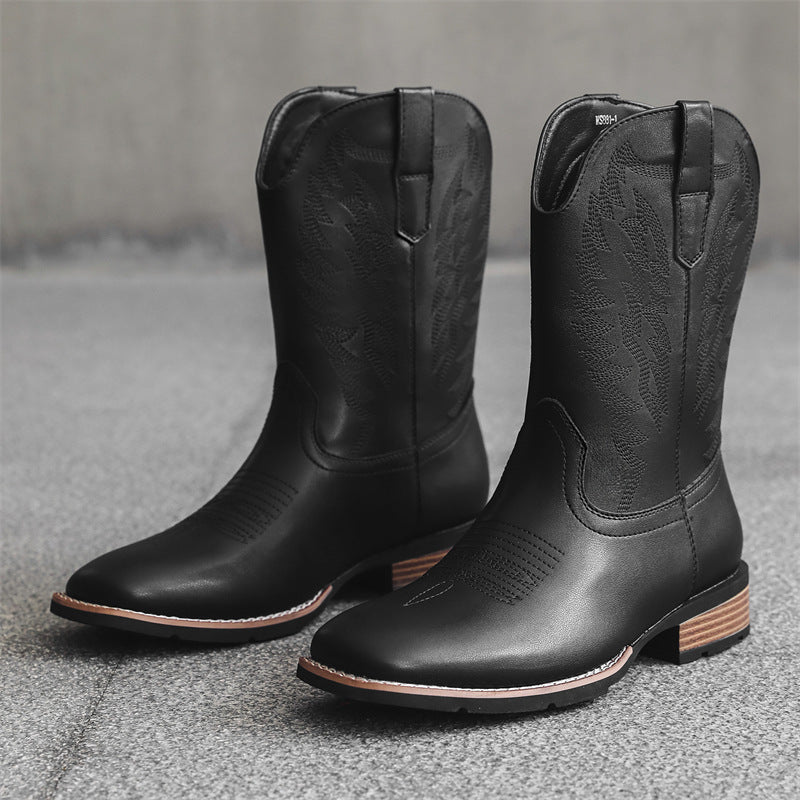 Western Leather Embroidered Denim Boots - Comfortable & Trendy