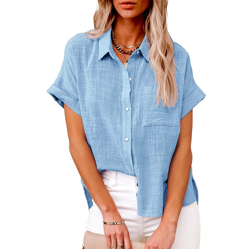 Womens Summer Lapel Short Sleeve Shirt | Solid Color Button Tops - LAKD London