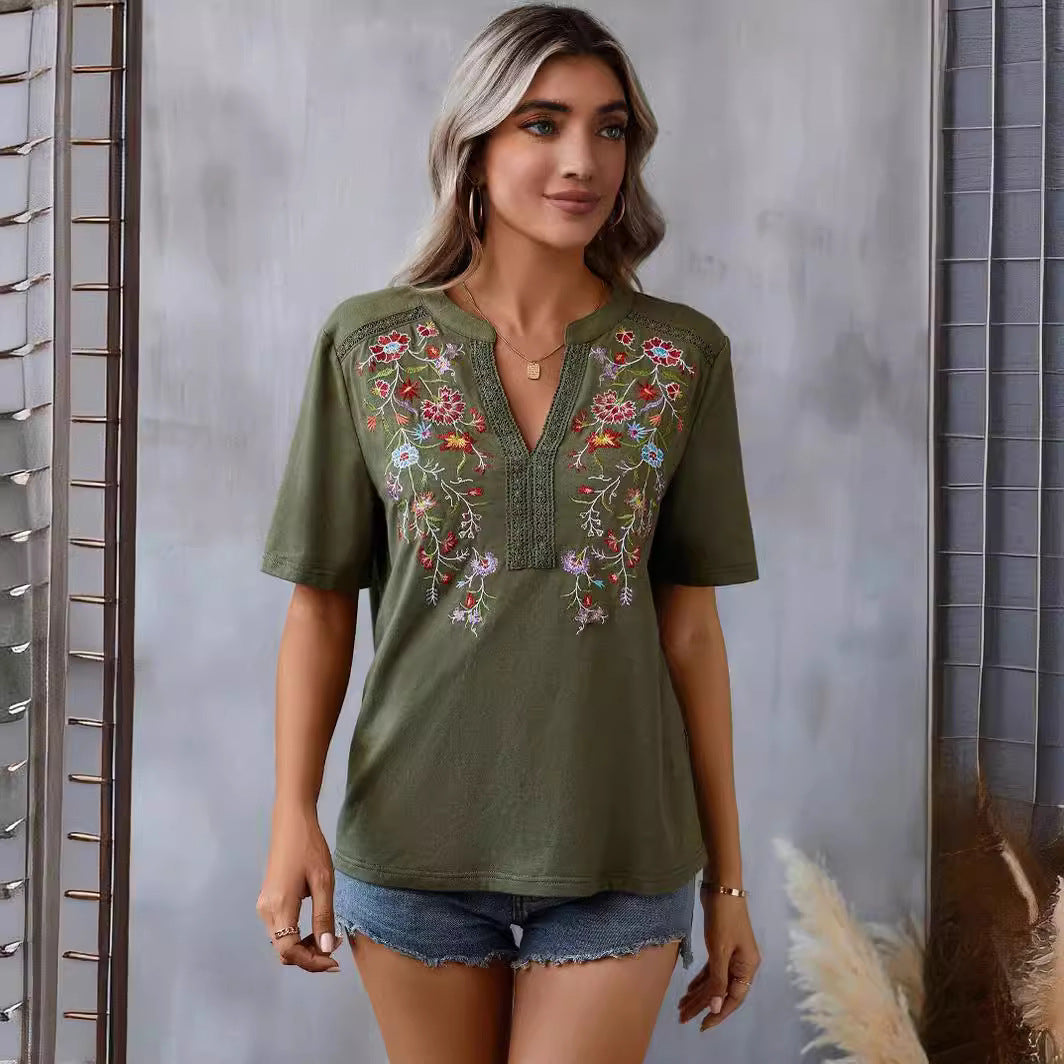 Womens Embroidery Short Sleeve Shirt | Summer Stitching Lace-collared Blouse