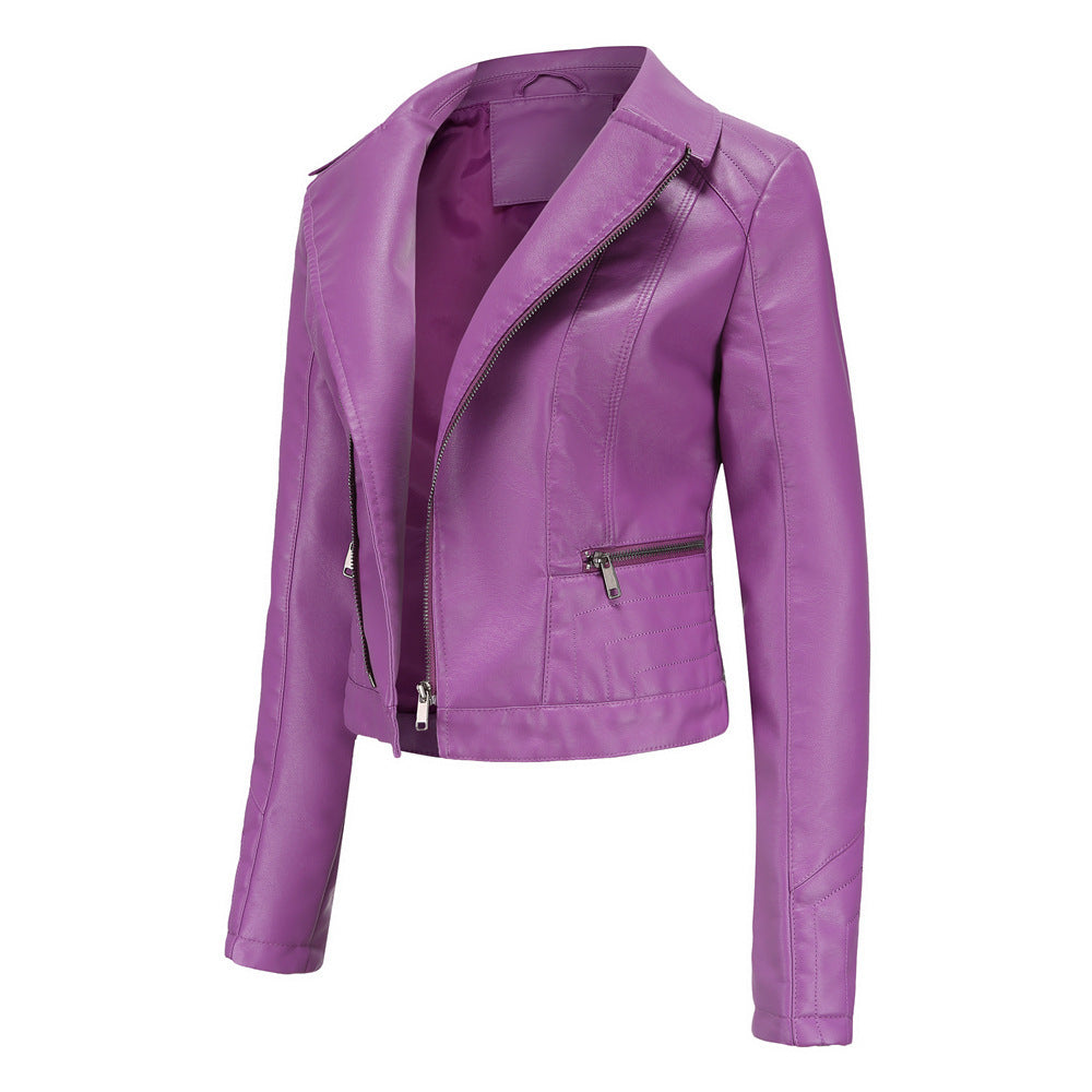 Womens Lapel Biker Washed PU Leather Jacket