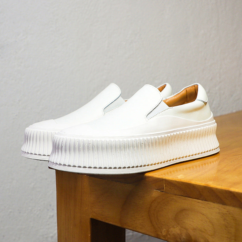 Women's Platform Leather White Shoes - Thick Heel