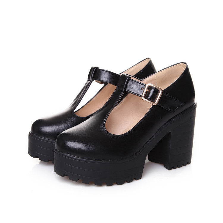 Womens Pumps Shoes | Mary Jaen Block Platforms T-strap Heels