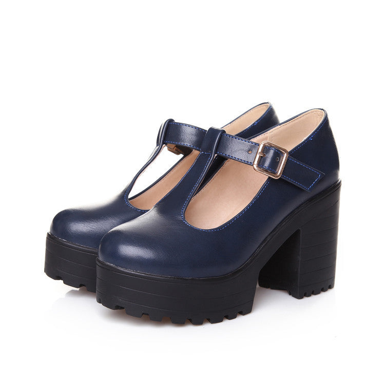 Womens Pumps Shoes | Mary Jaen Block Platforms T-strap Heels