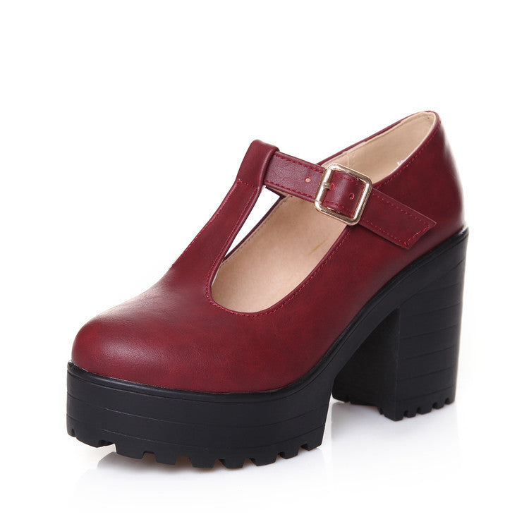 Womens Pumps Shoes | Mary Jaen Block Platforms T-strap Heels