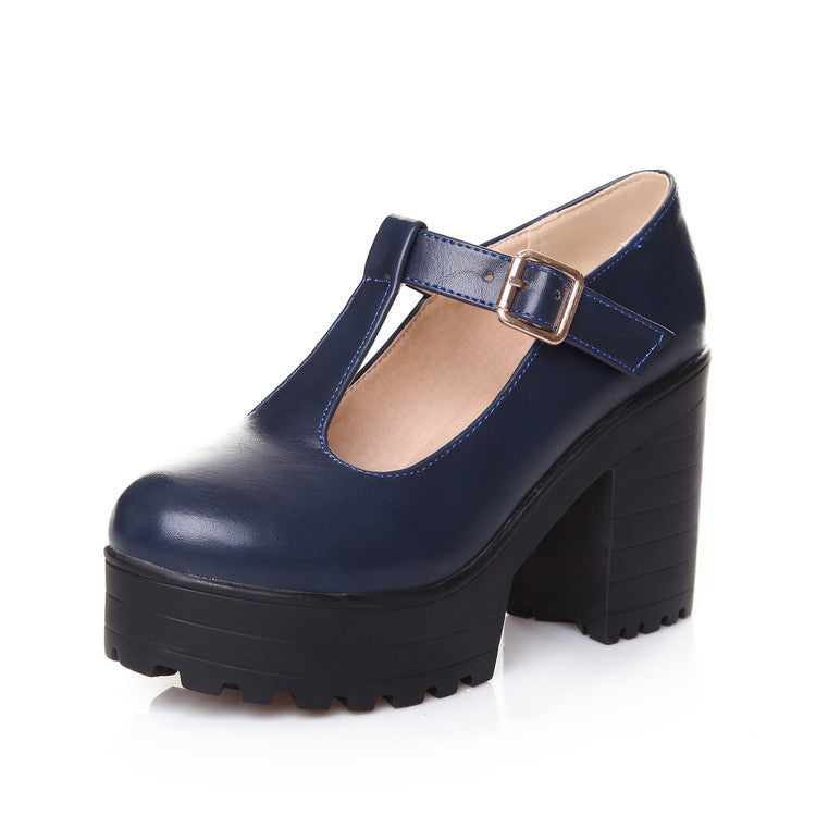 Womens Pumps Shoes | Mary Jaen Block Platforms T-strap Heels