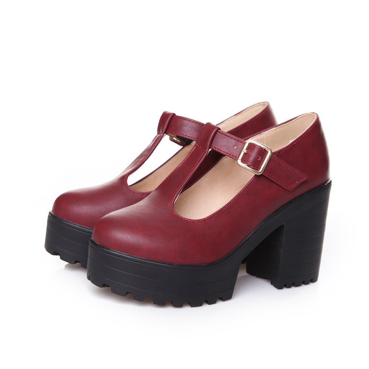 Womens Pumps Shoes | Mary Jaen Block Platforms T-strap Heels