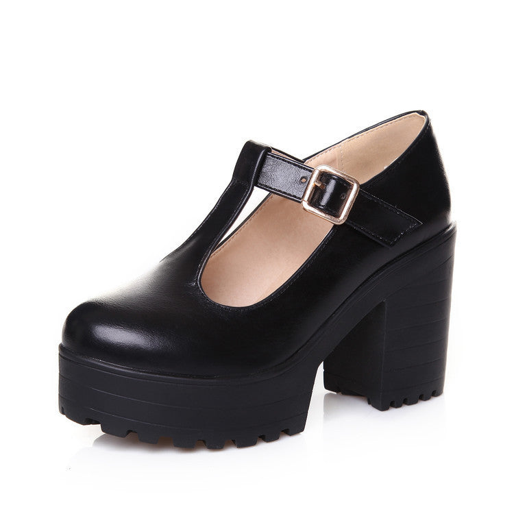 Womens Pumps Shoes | Mary Jaen Block Platforms T-strap Heels