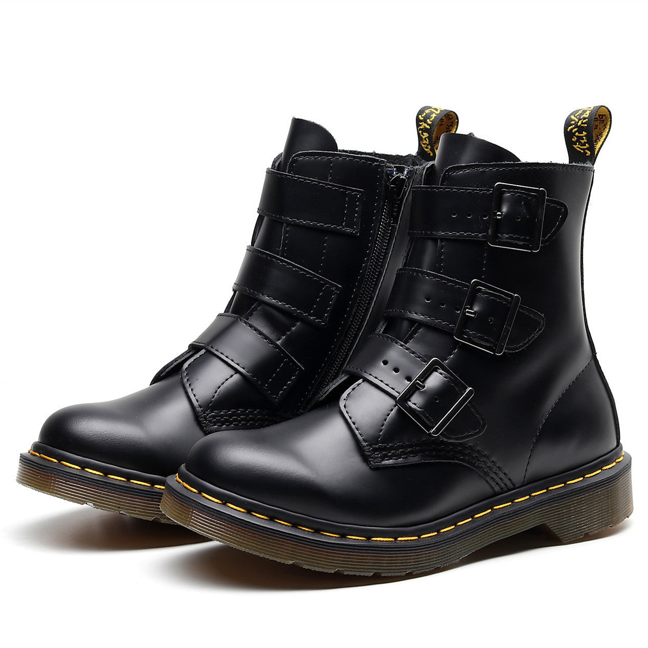 Womens High-top Martin Boots | Leather Motorcycle Three Buckle Straps