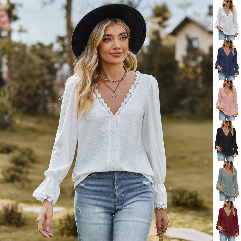 Womens Jacquard Lace V-neck T-shirt Casual Stitching Long Sleeve Top by Lakd London