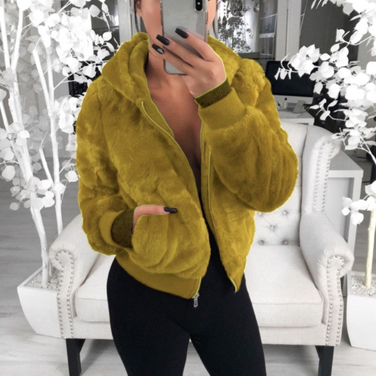 Hooded rabbit faux fur plush coat Jacket by Lakd London