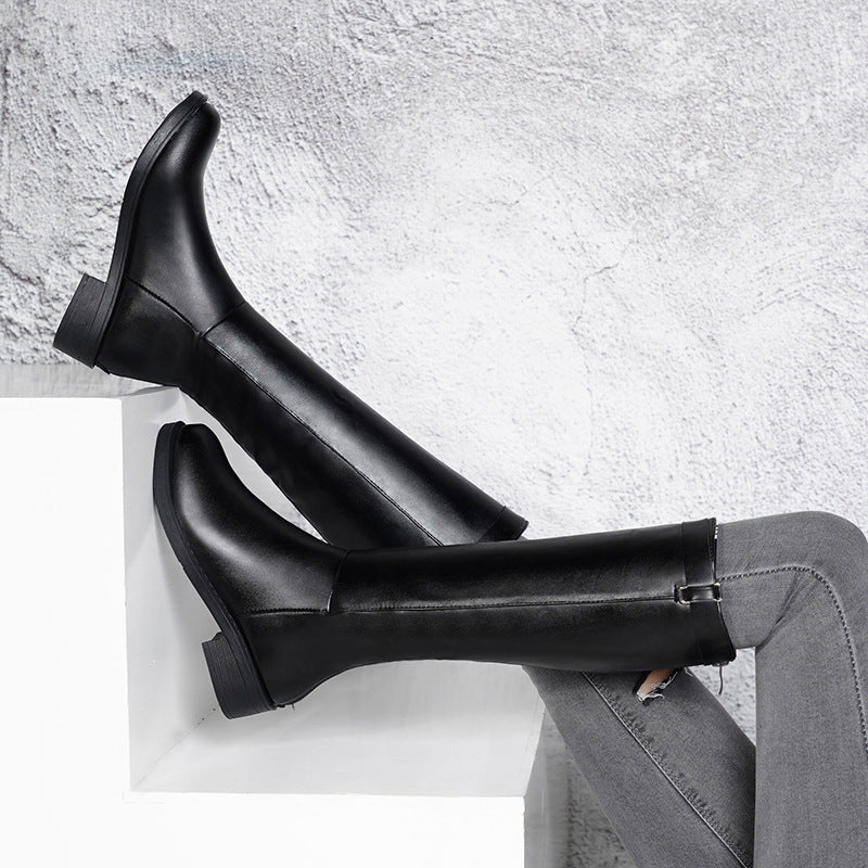 Womens Thick Heel Zipper Rider Boot | High Leather Shoe