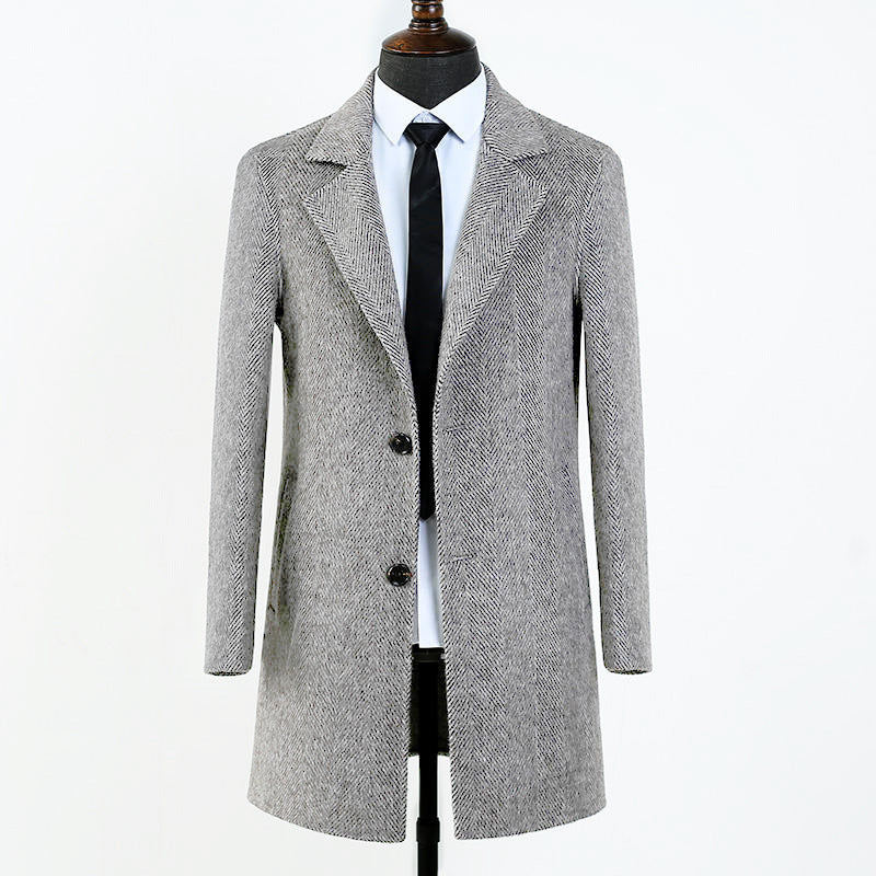 Mens Double-faced Woolen Overcoat | Mid-length Herringbone Pattern Jacket - LAKD London