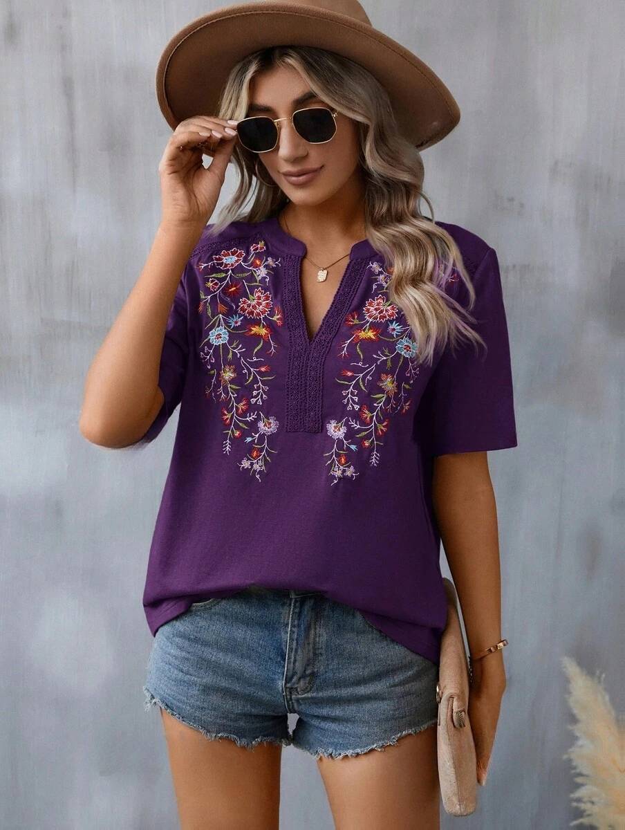 Womens Embroidery Short Sleeve Shirt | Summer Stitching Lace-collared Blouse