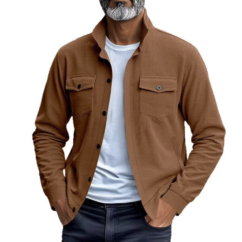 Mens Versatile Corduroy Multi-pocket Long Sleeve Stand-up Collar Jacket