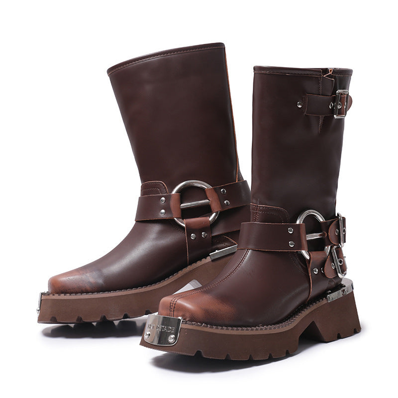 Womens Chunky Height Increasing Boots | Leather Western Denim Ankle Boots