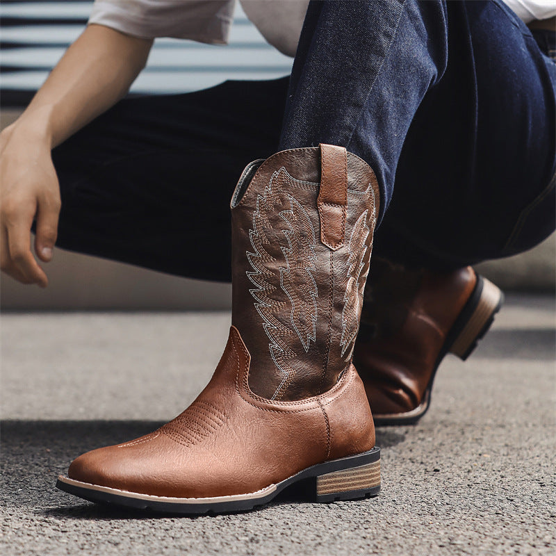 Western Leather Embroidered Denim Boots - Comfortable & Trendy