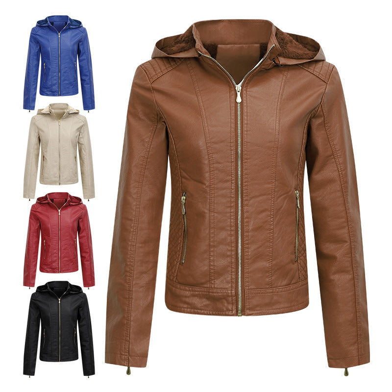 Womens Plush Thickened Hooded Slim Zipper Leather Jacket With Pockets | Long Sleeve Outwear Winter Coat