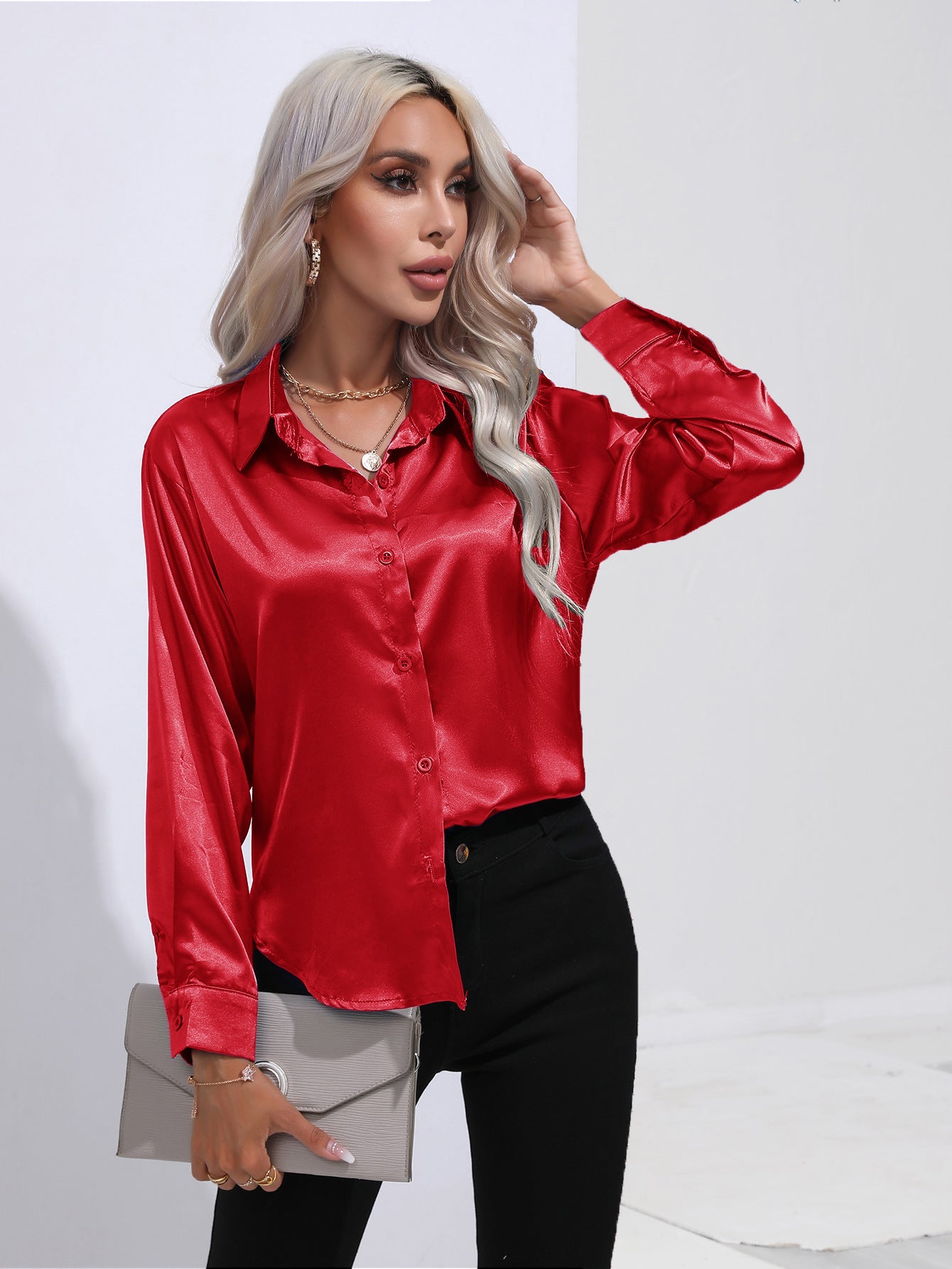 Satin Solid Color Button Front Lapel Shirt by Lakd London