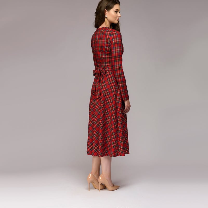 Women's Plaid Elegant Midi Dress Timeless Smart Casual Style Women