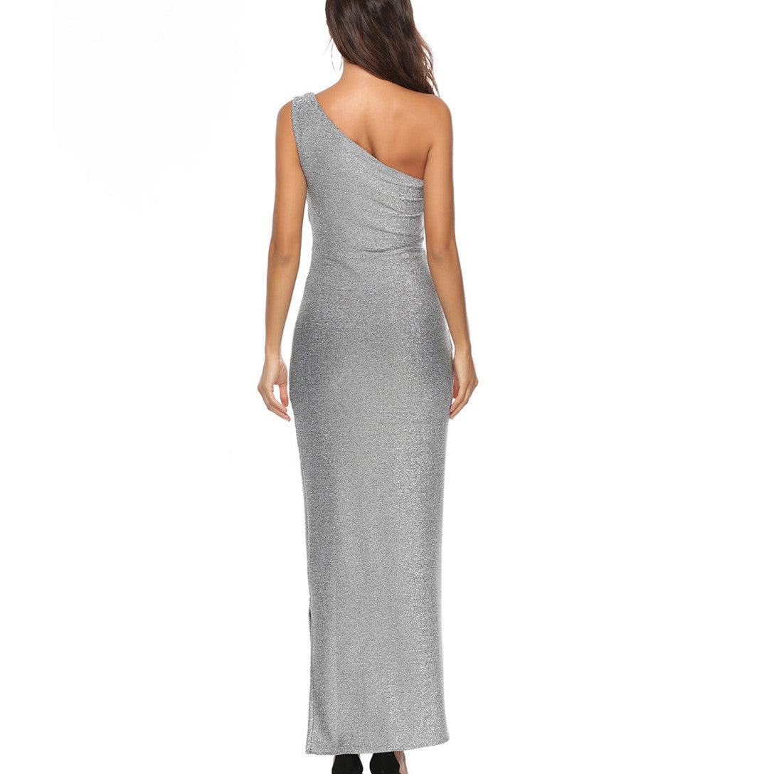 One-shoulder Bright Silk Elegant Plus Size Solid Color Dress by Lakd London