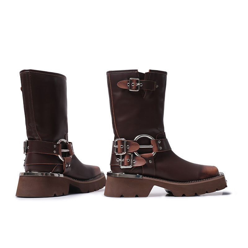 Womens Chunky Height Increasing Boots | Leather Western Denim Ankle Boots