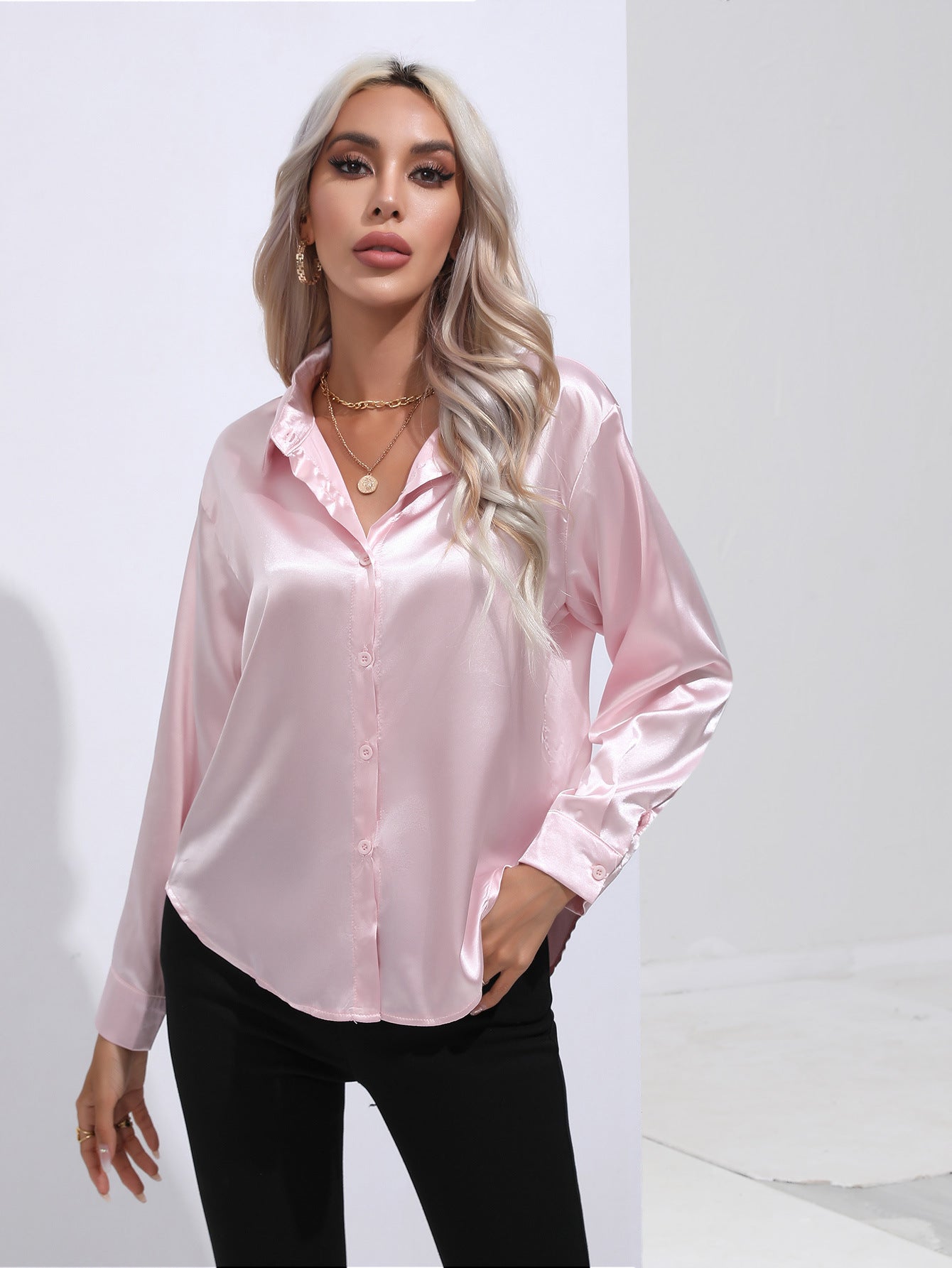 Satin Solid Color Button Front Lapel Shirt by Lakd London