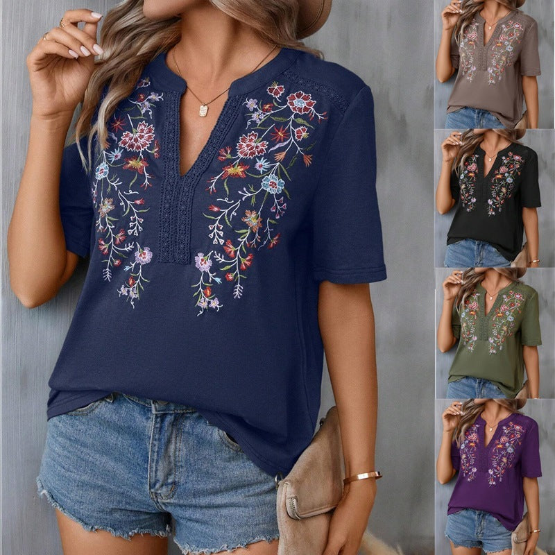Womens Embroidery Short Sleeve Shirt | Summer Stitching Lace-collared Blouse