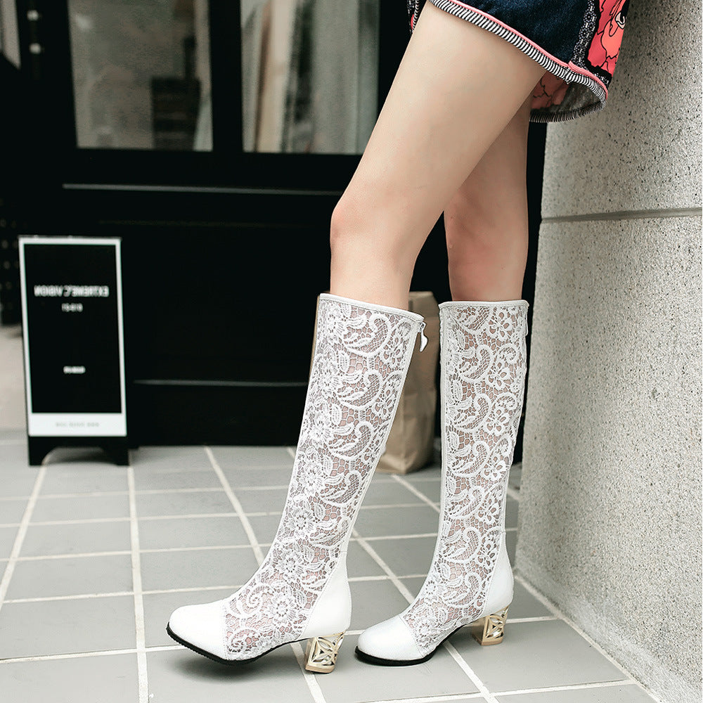 Womens Round Toe Stitching Lace Back-zip Boots | Chunky Heel Women's Sandals - LAKD London