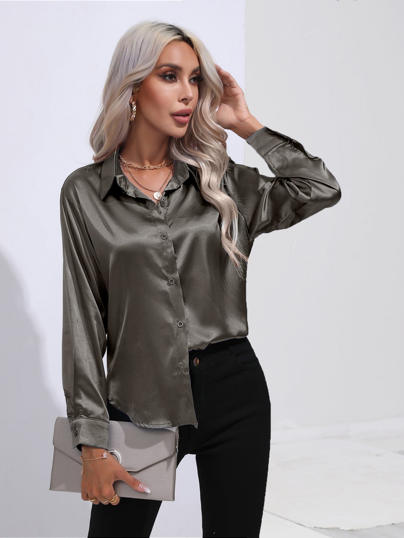 Satin Solid Color Button Front Lapel Shirt by Lakd London