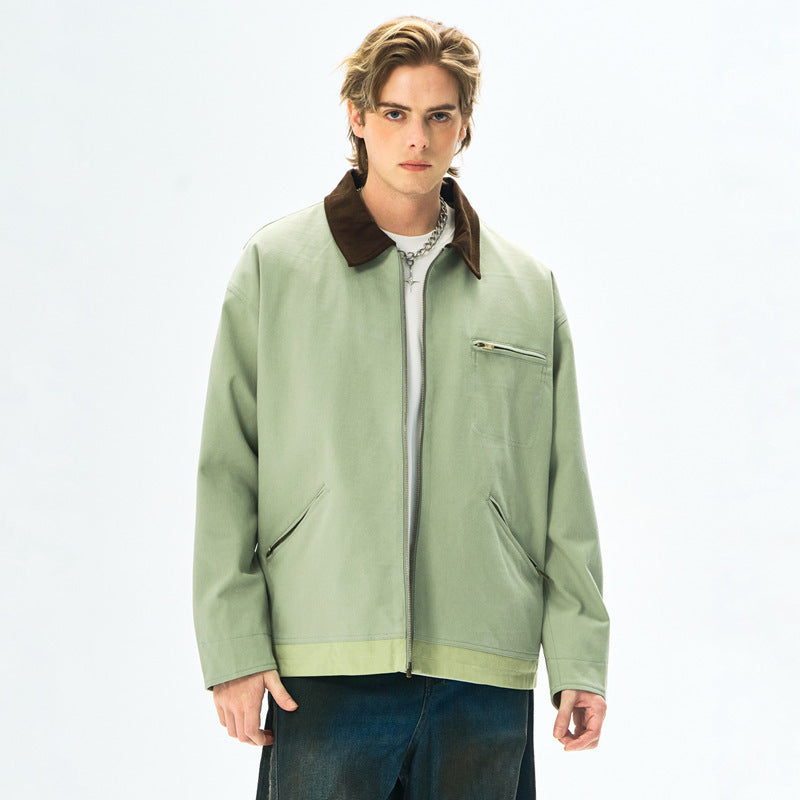 Mens Contrast Color Washed Polo Collar Jacket