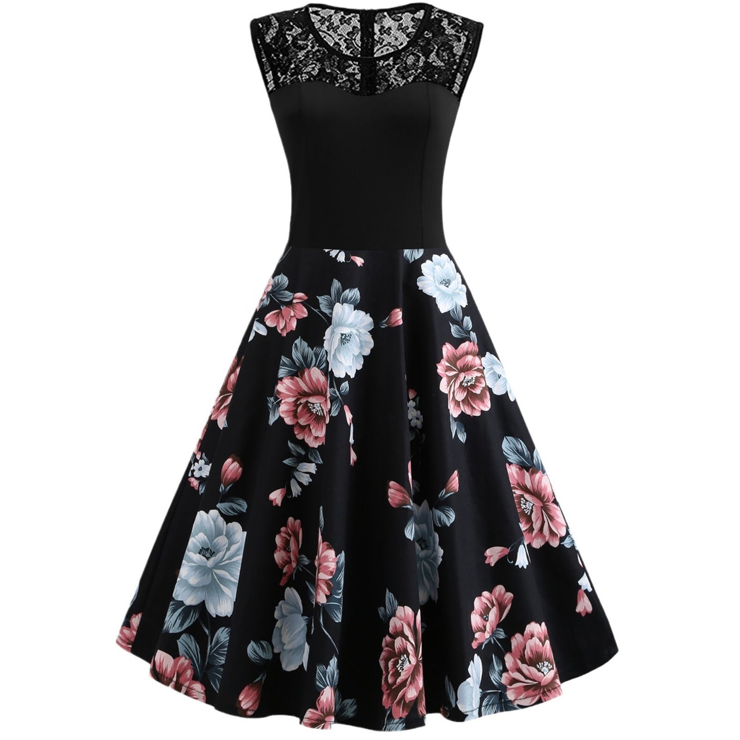 Lace Stitching Sleeveless Floral-print Retro Dress by Lakd London