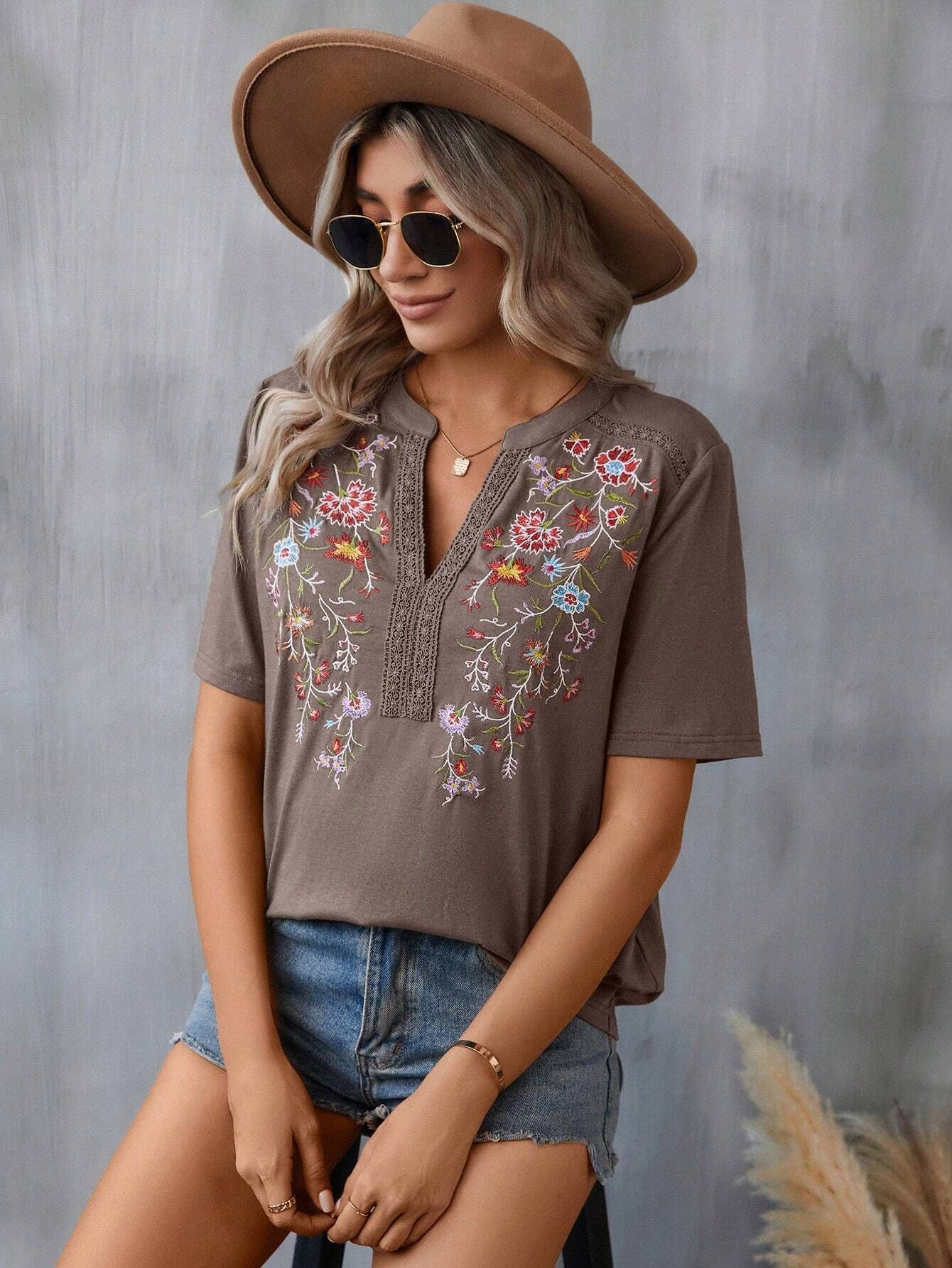 Womens Embroidery Short Sleeve Shirt | Summer Stitching Lace-collared Blouse