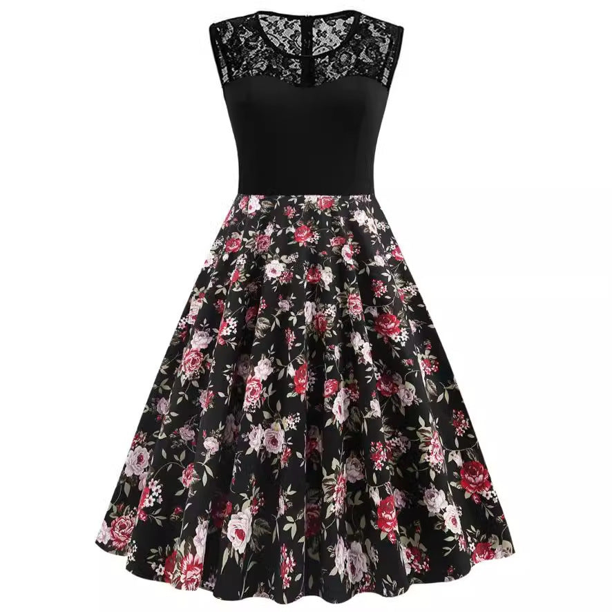 Lace Stitching Sleeveless Floral-print Retro Dress by Lakd London