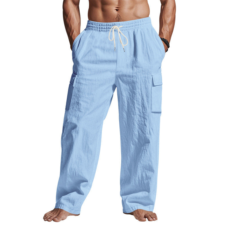 Multi-pocket Straight Linen Men's Cargo Trousersby Lakd London