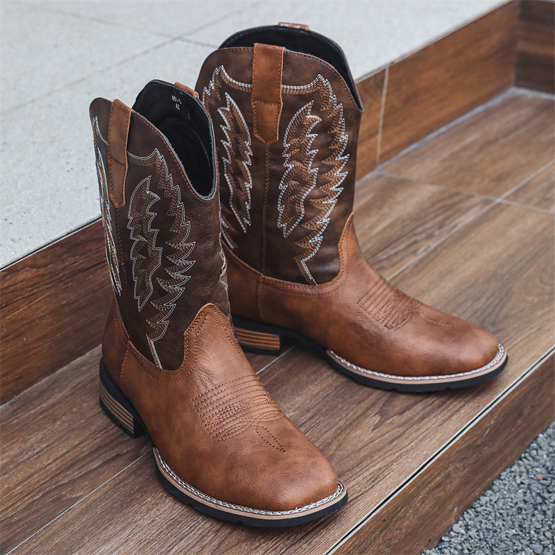 Western Leather Embroidered Denim Boots - Comfortable & Trendy