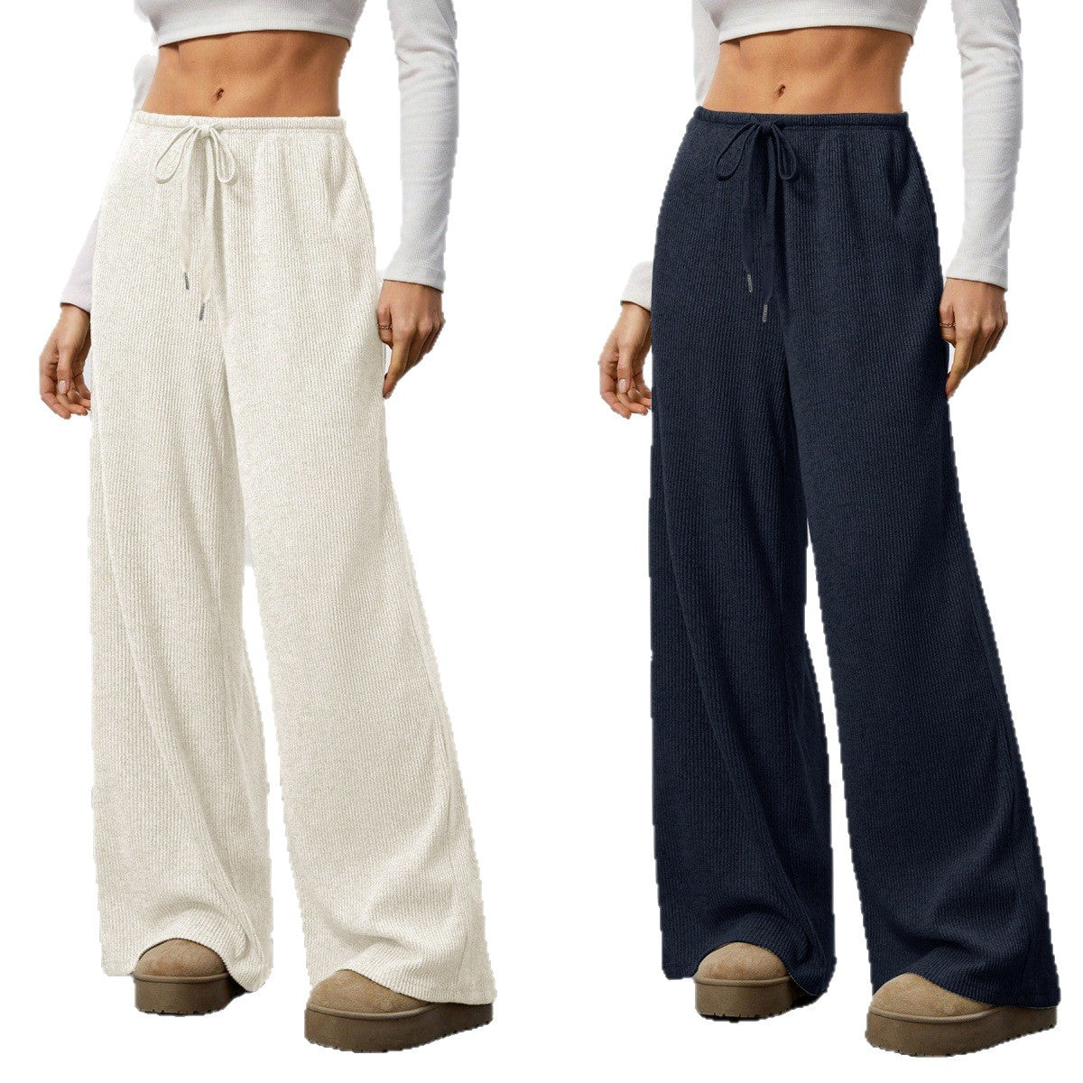 Women's Solid Colour Loose Wide Leg Drawstring Casual Trousers Style